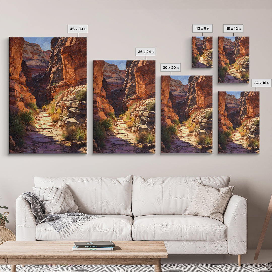 Rustic Canyon Pathway Desert Landscape Wall Art, Warm Earth Tones Framed Canvas Print For Modern Living Room Decor