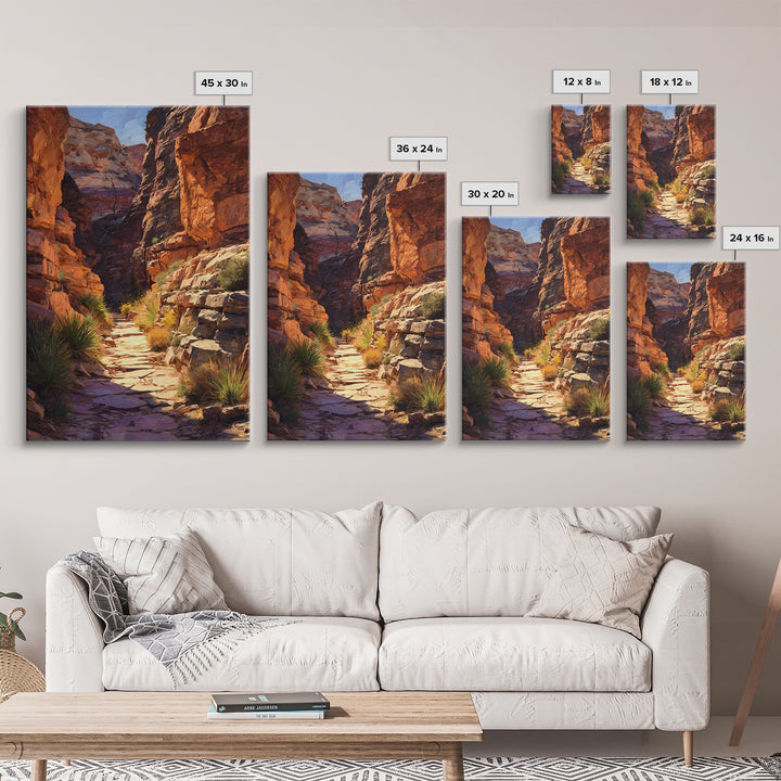 Rustic Canyon Pathway Desert Landscape Wall Art, Warm Earth Tones Framed Canvas Print For Modern Living Room Decor