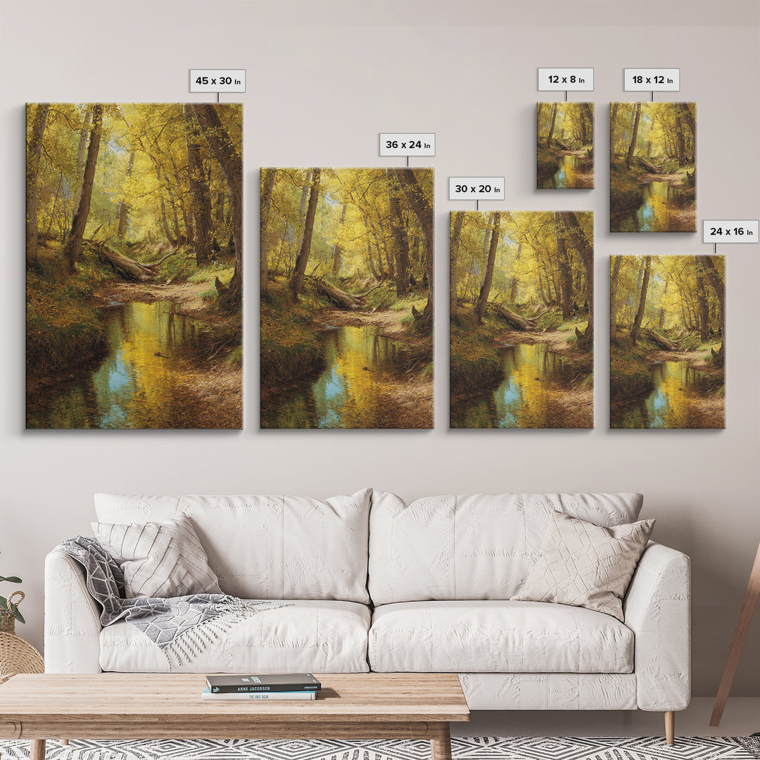 Serene Autumn Forest Landscape Oil Painting Canvas Print Featuring Golden Trees And Reflections For Wall Art