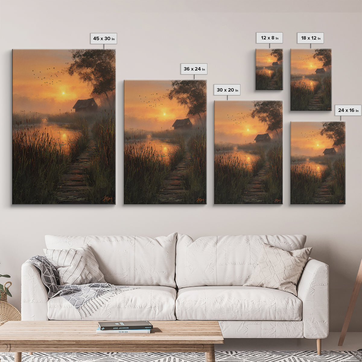 Peaceful Country Cabin At Sunlit Evening With Birds Flying Over Still Pond Serene Landscape Wall Art Print