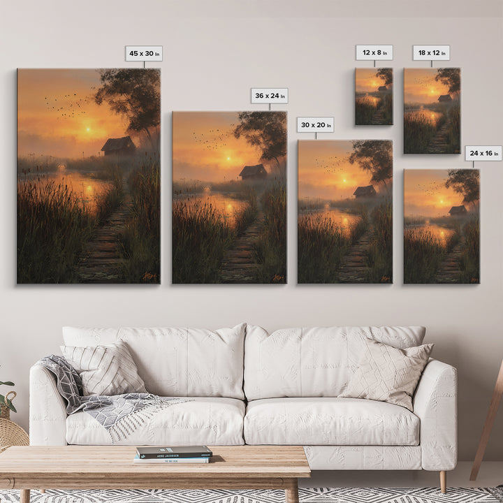 Peaceful Country Cabin At Sunlit Evening With Birds Flying Over Still Pond Serene Landscape Wall Art Print
