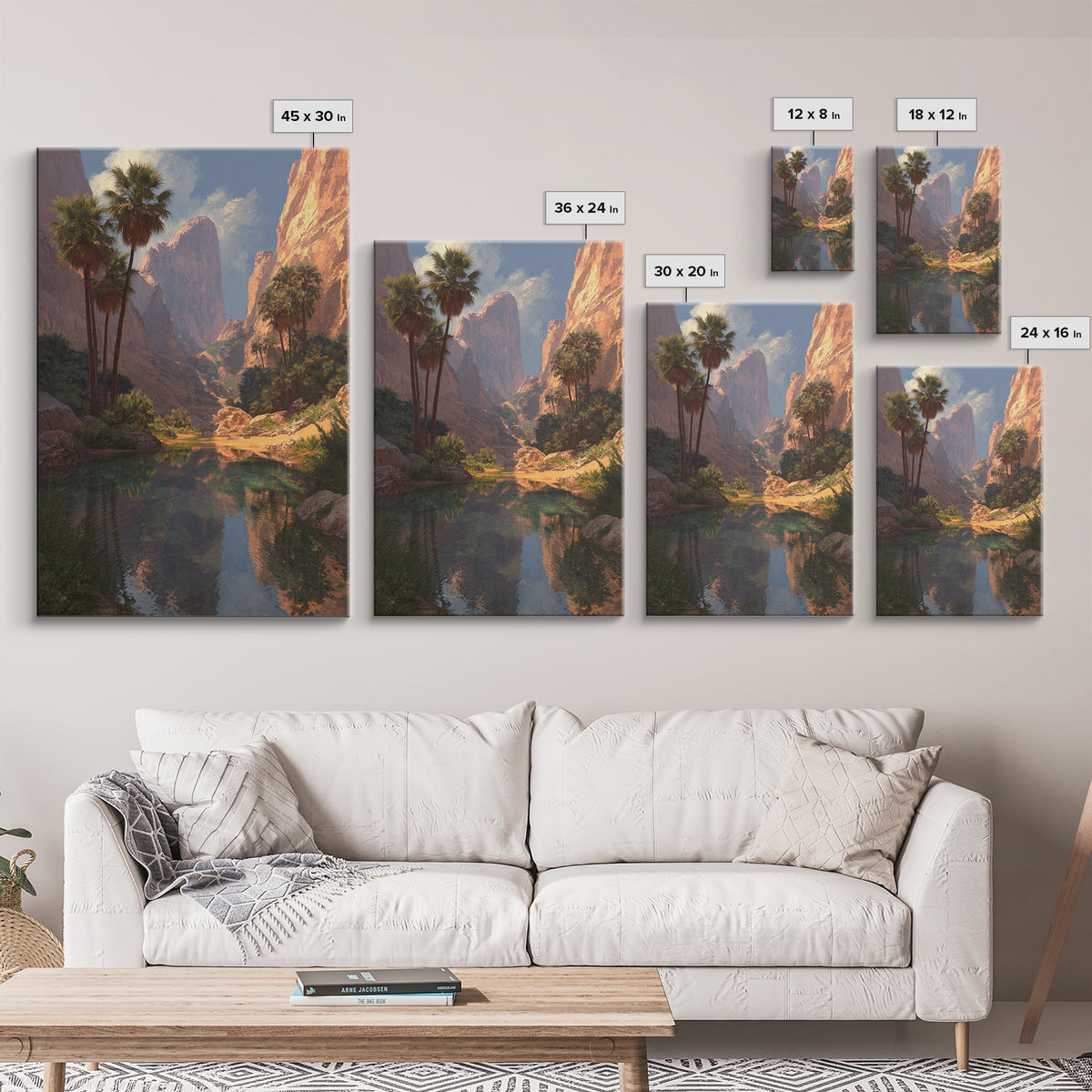 Stunning Desert Canyon Landscape Painting With Palm Trees Reflecting In Water Large Wall Art Canvas Print For Southwestern Home Decor
