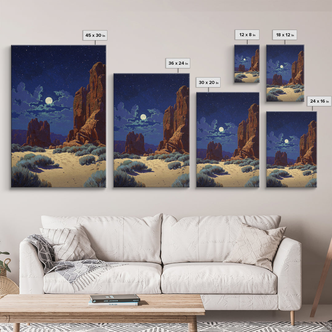 Starry Night Desert Landscape Wall Art With Moonlight Framed Canvas Print For Modern Rustic Home Decor And Cozy Living Room