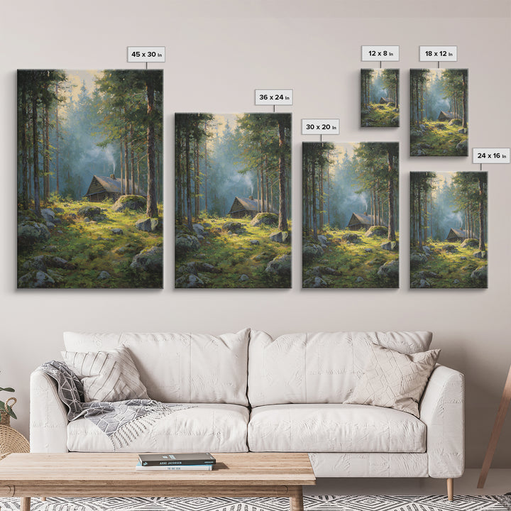 Sunset Campfire In Cozy Rustic Cabin Smoky Forest Original Oil Painting Wall Art Framed Canvas Print Warm Home Decor Nature Artwork