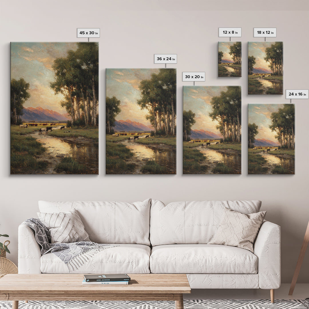 Serene Pastoral Landscape Oil Painting Artwork Featuring Cows Grazing Near Mountains Large Wall Art Canvas Print For Rustic Home Decor