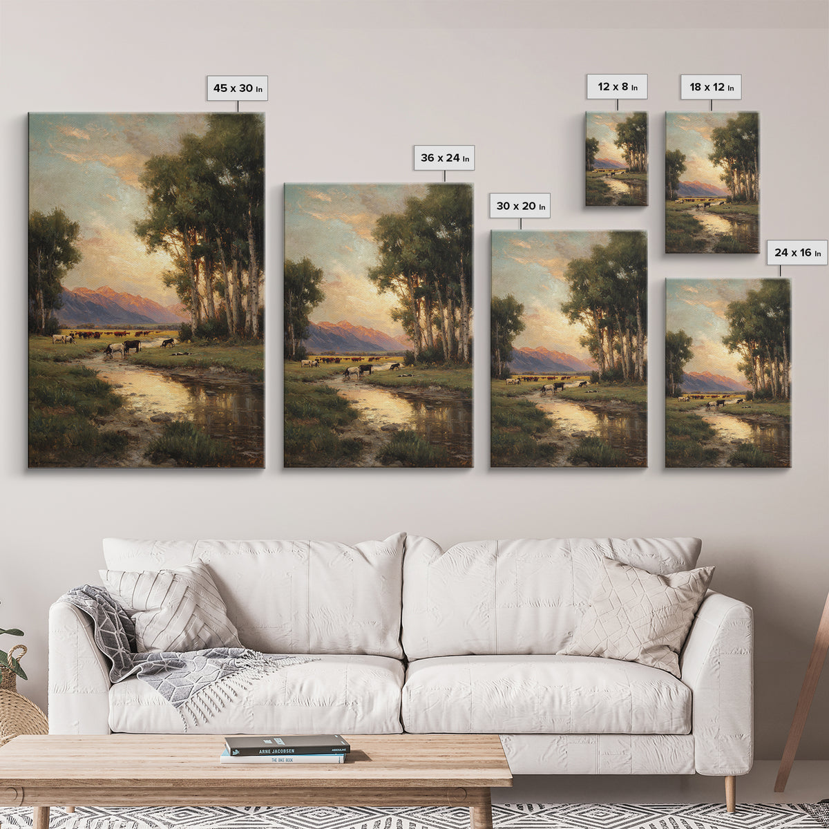 Serene Pastoral Landscape Oil Painting Artwork Featuring Cows Grazing Near Mountains Large Wall Art Canvas Print For Rustic Home Decor
