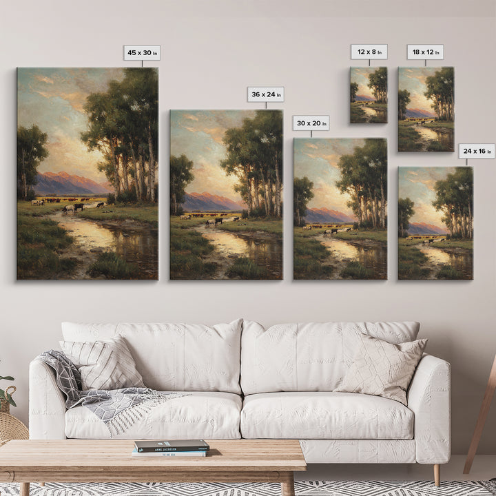 Serene Pastoral Landscape Oil Painting Artwork Featuring Cows Grazing Near Mountains Large Wall Art Canvas Print For Rustic Home Decor