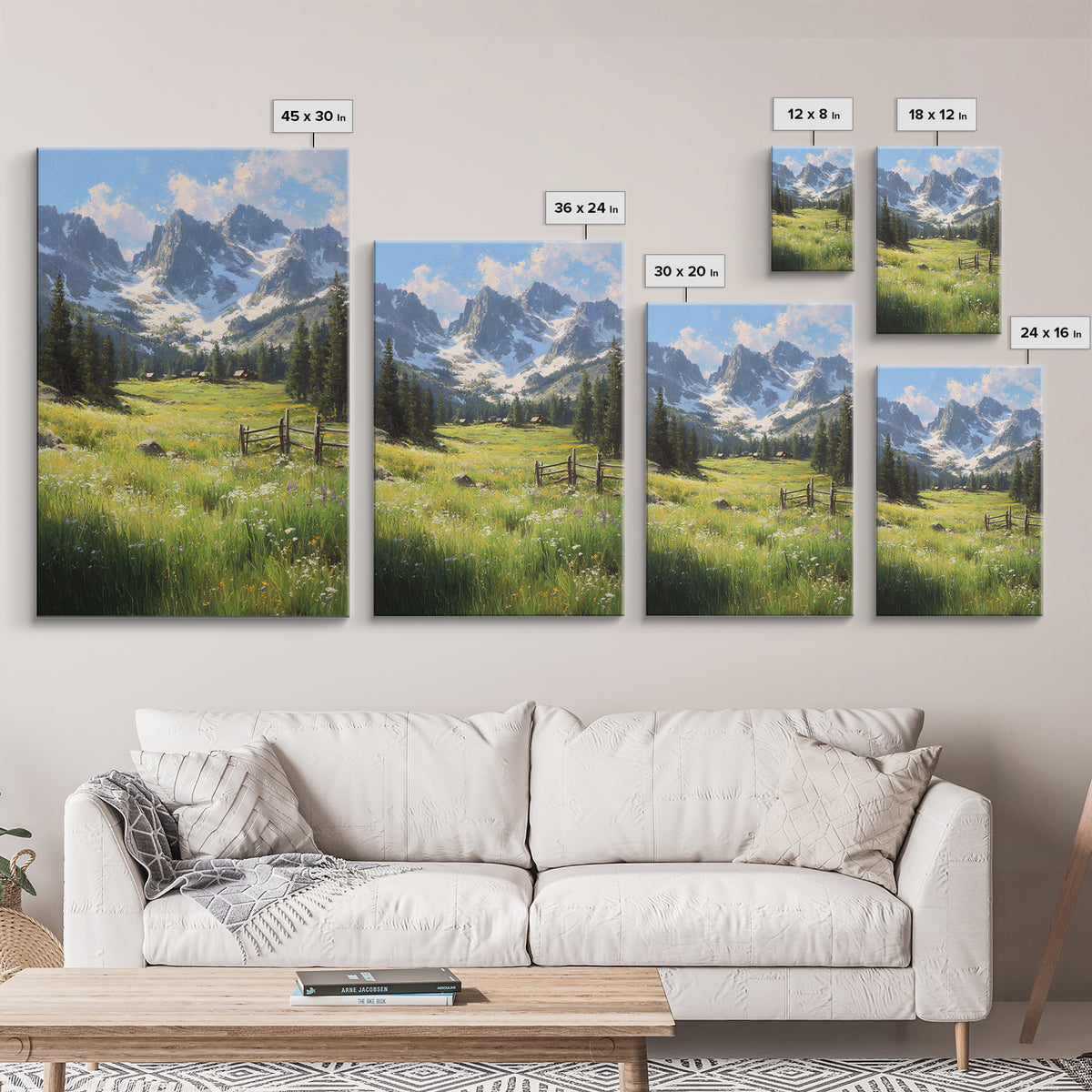 Rustic Mountain Landscape With Wildflower Meadow Original Oil Painting Large Wall Art Canvas Print