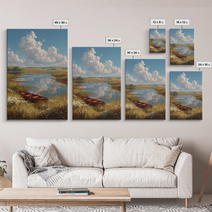 Quiet Lakeside Scene With Rowboat And Wildflowers Landscape Oil Painting Fine Art Print Wall Art
