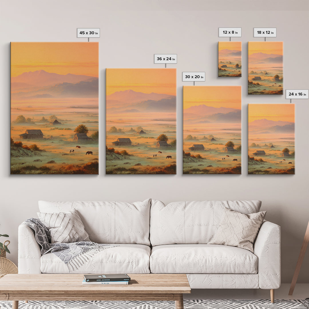 Golden Morning Mist Over Rustic Barns And Horses With Mountain Background Wall Art For Cozy Living Room Decor