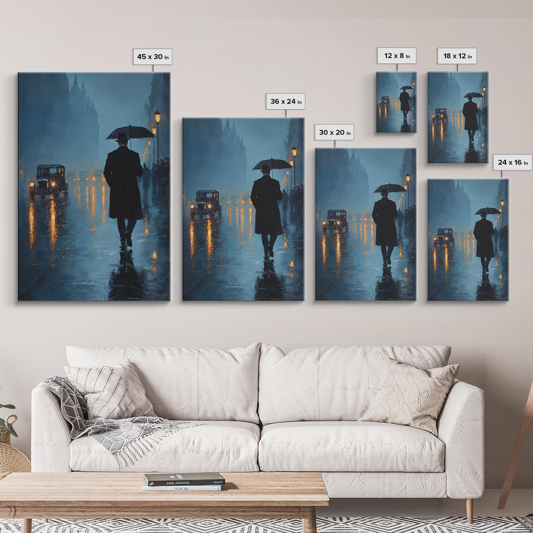 Rainy London Street With Umbrella Wall Art, Moody Blue Cityscape Oil Painting Print For Living Room Office Decor And Dark Academia