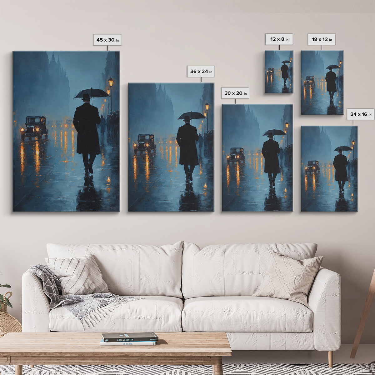 Rainy London Street With Umbrella Wall Art, Moody Blue Cityscape Oil Painting Print For Living Room Office Decor And Dark Academia