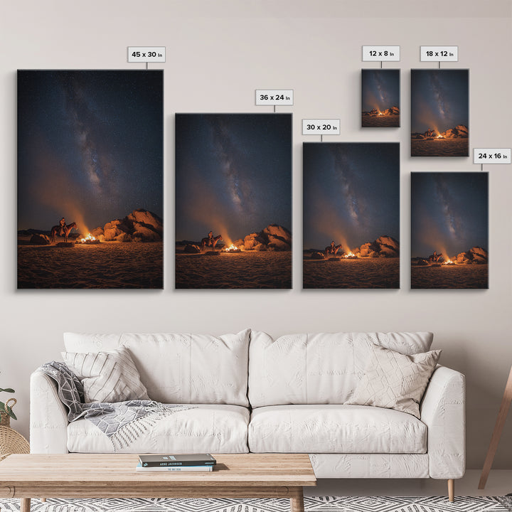 Wild West Cowboy By Campfire Under Starry Night Sky Large Wall Art Canvas Print For Rustic Western Home Or Man Cave Decor
