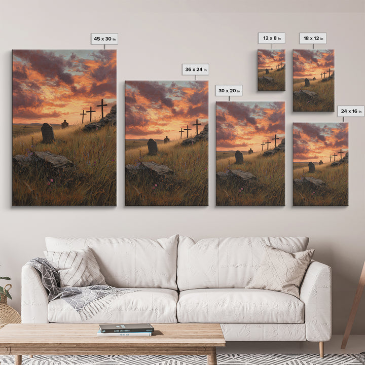 Sunset Cemetery Scene Oil Painting With Striking Sky And Crosses Wall Art Framed Canvas Print For Living Room Decor