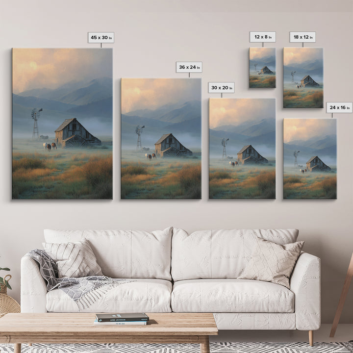 Rustic Countryside Landscape With Windmill And Horses Wall Art Canvas Print For Farmhouse Decor And Cozy Home Decoration