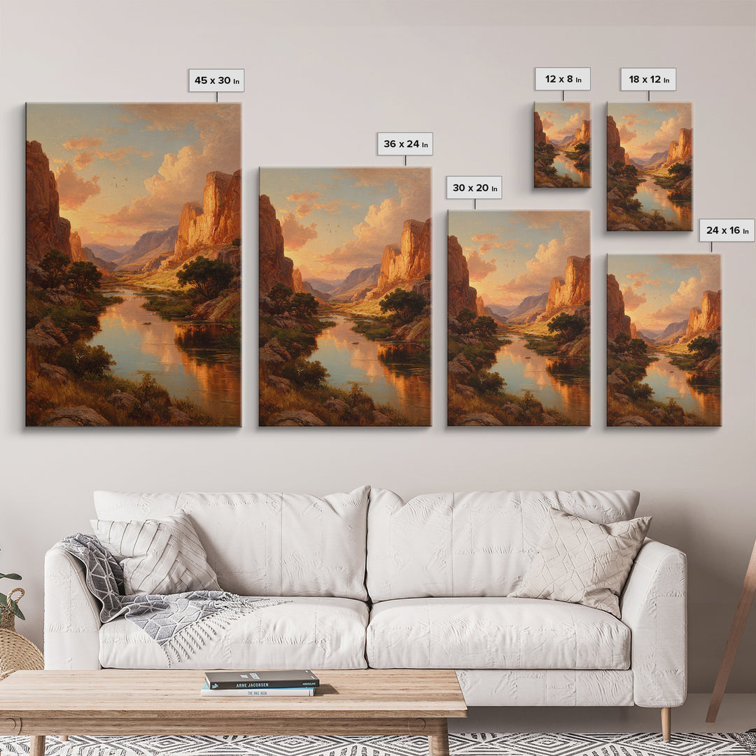 Sunset Over Majestic Canyon Landscape River Reflection Wall Art Framed Canvas Print For Rustic Home Decor