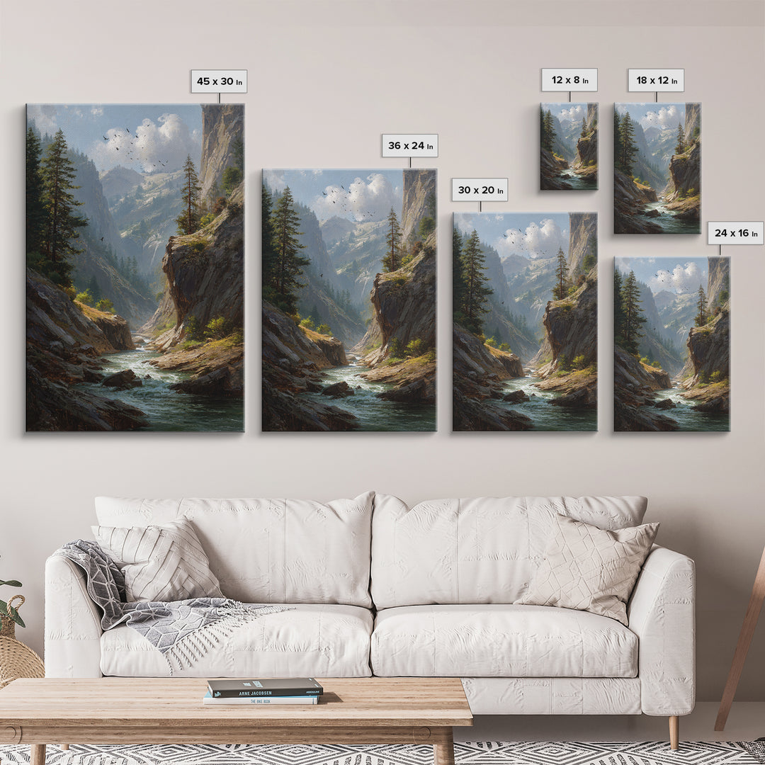 Majestic Mountain Canyon Landscape With Stream And Birds Original Oil Painting Canvas Print For Living Room Decor
