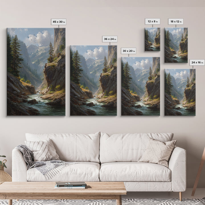 Majestic Mountain Canyon Landscape With Stream And Birds Original Oil Painting Canvas Print For Living Room Decor