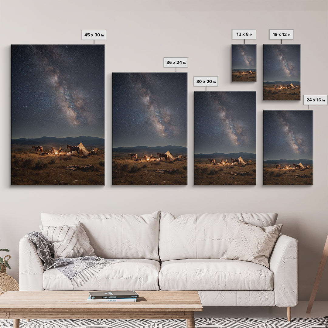 Cowboys Campfire Under Star Filled Night Sky Photography Canvas Print For Rustic Wall Art And Western Home Decor Framed