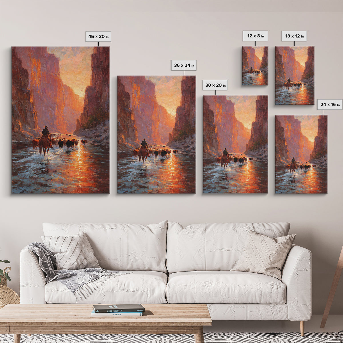 Cowboy Herding Cattle Through Sunlit Canyon Scene Classic Western Oil Painting Framed Canvas Print For Rustic Wall Art Farmhouse Décor