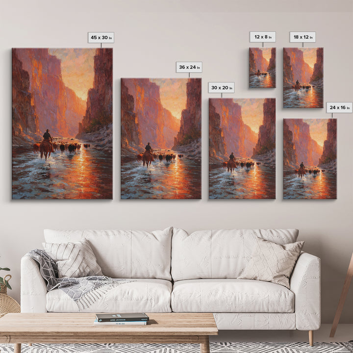 Cowboy Herding Cattle Through Sunlit Canyon Scene Classic Western Oil Painting Framed Canvas Print For Rustic Wall Art Farmhouse Décor