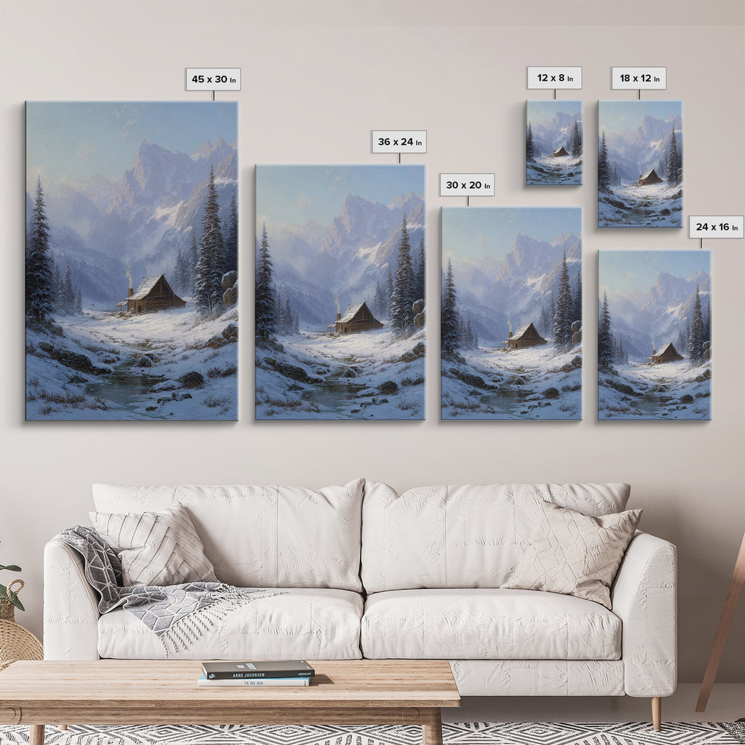 Winter Mountain Cabin Oil Painting Framed Canvas Print Rustic Snow Landscape Wall Art For Cozy Home Decor