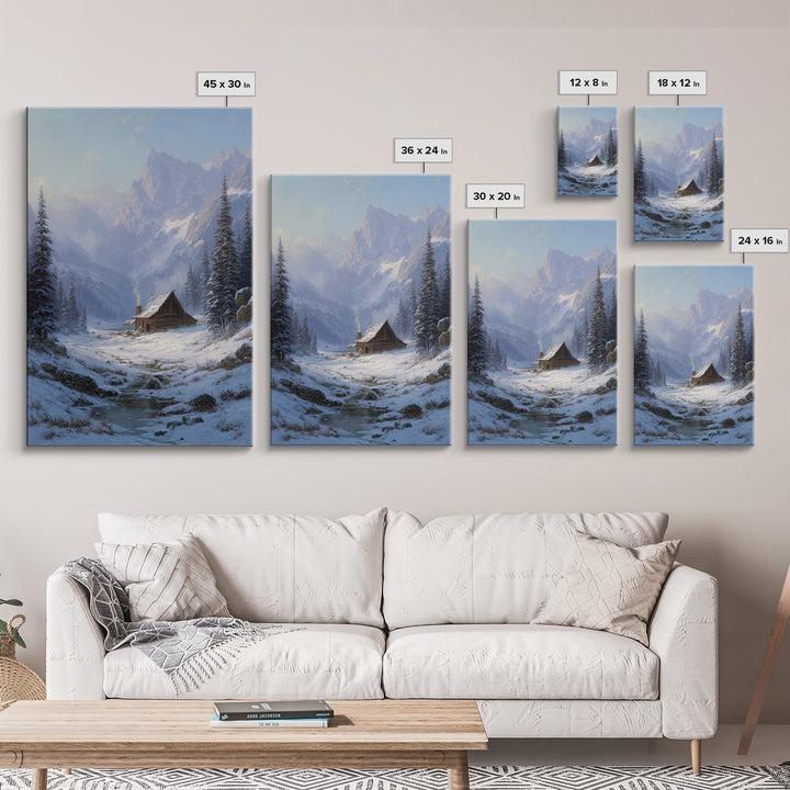Winter Mountain Cabin Oil Painting Framed Canvas Print Rustic Snow Landscape Wall Art For Cozy Home Decor