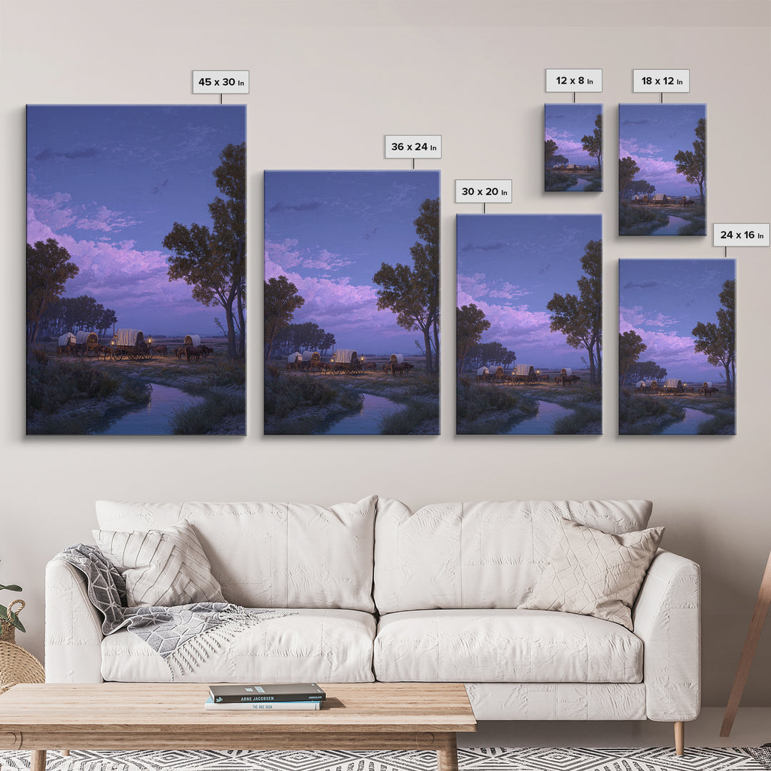 Peaceful Wagons At Twilight Sunset Landscape Large Wall Art Framed Canvas Print For Rustic Home Decor