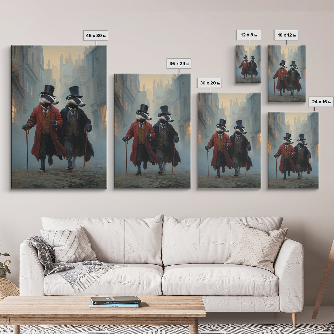 Dapper Badger Gentlemen Walking In Foggy City Canvas Print, Whimsical Animal Wall Art For Nursery Room And Eclectic Decor