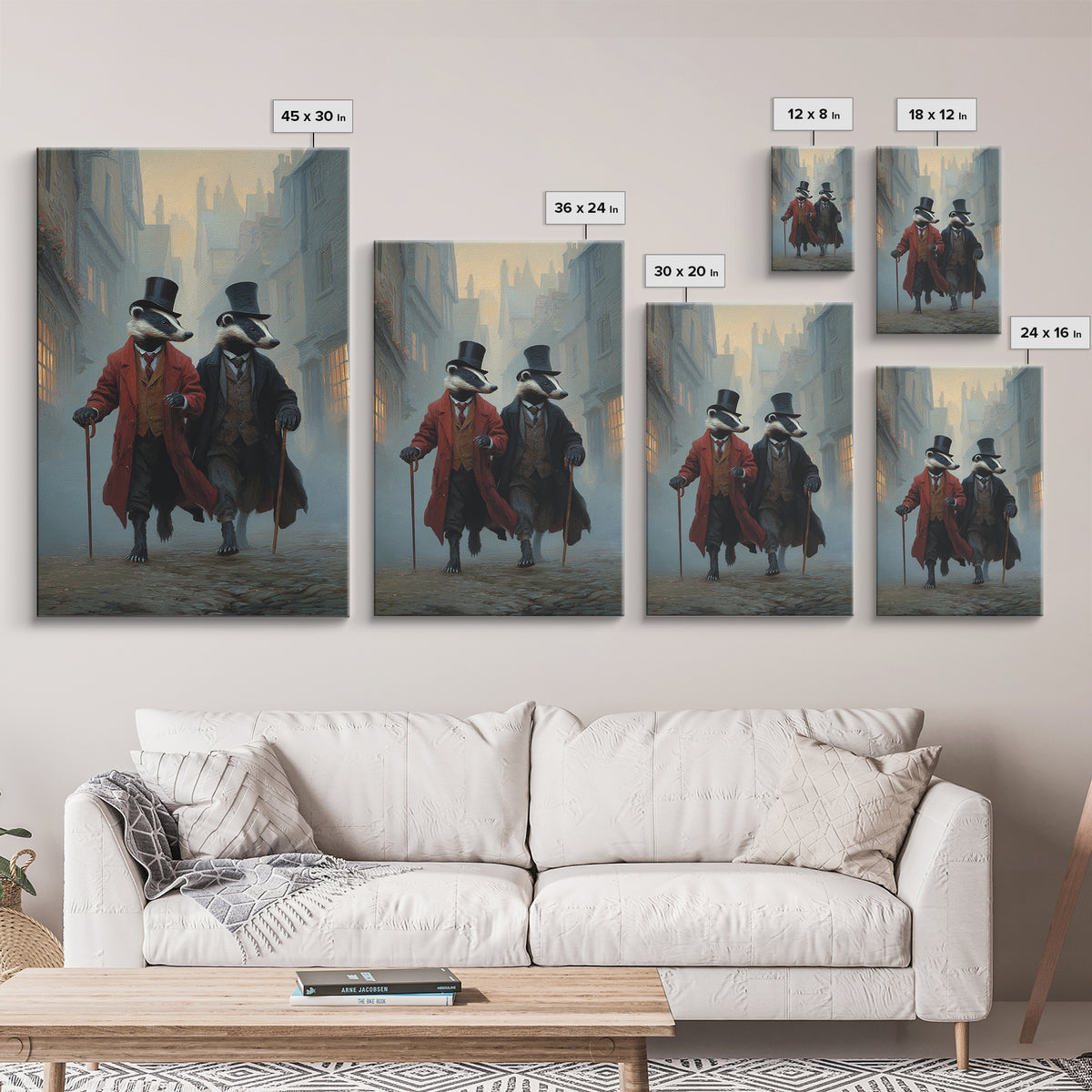 Dapper Badger Gentlemen Walking In Foggy City Canvas Print, Whimsical Animal Wall Art For Nursery Room And Eclectic Decor