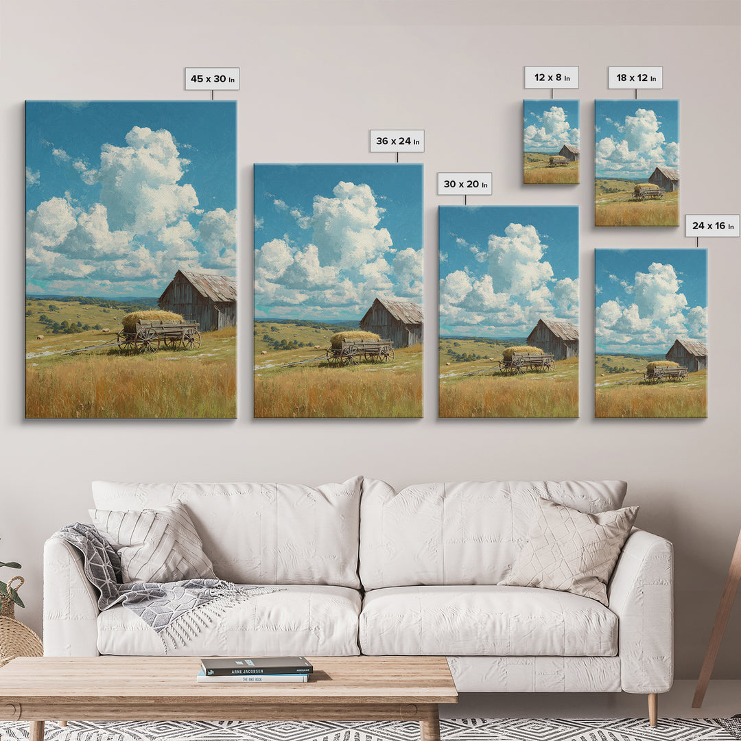 Bright Sunlit Barn And Field Landscape Painting Wall Art Canvas Print For Cozy Farmhouse Rustic Decor