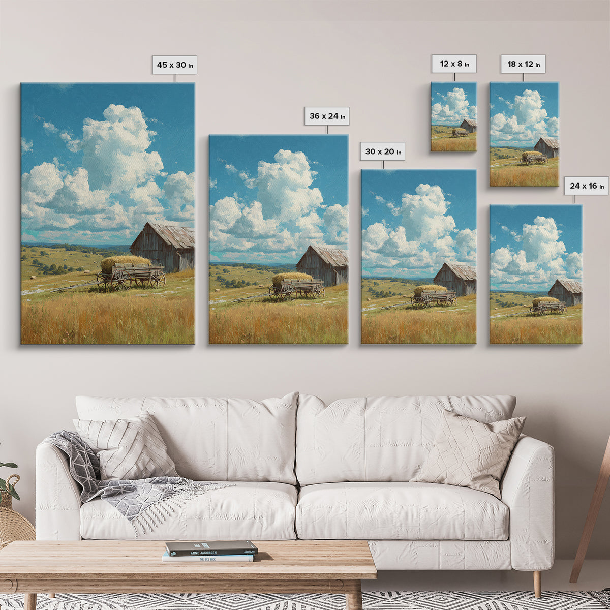 Bright Sunlit Barn And Field Landscape Painting Wall Art Canvas Print For Cozy Farmhouse Rustic Decor