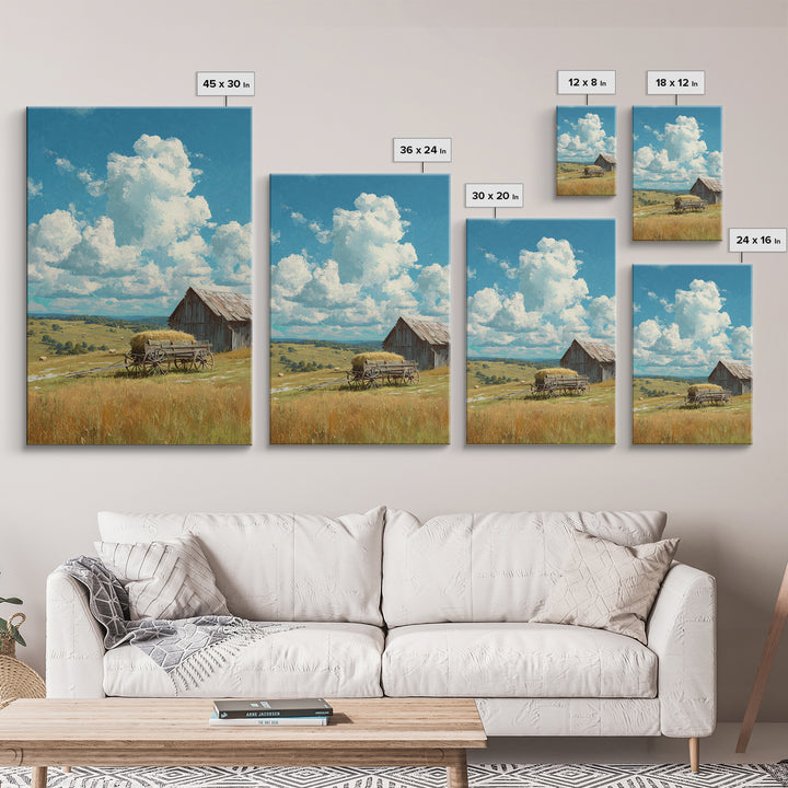 Bright Sunlit Barn And Field Landscape Painting Wall Art Canvas Print For Cozy Farmhouse Rustic Decor