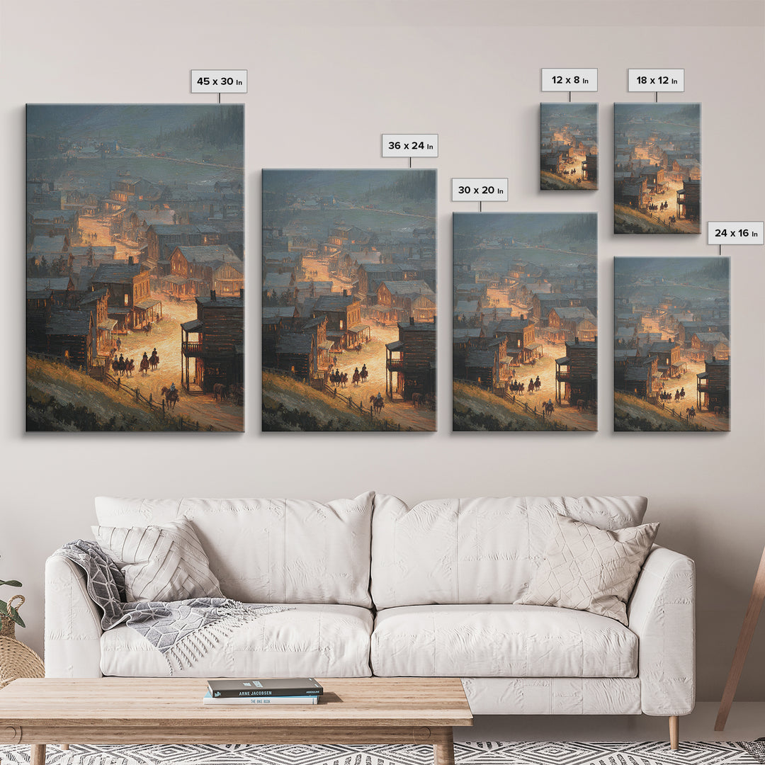 Old Western Town At Dusk Oil Painting Framed Canvas Print Large Wall Art For Rustic Home Decor And Living Room Wall Art
