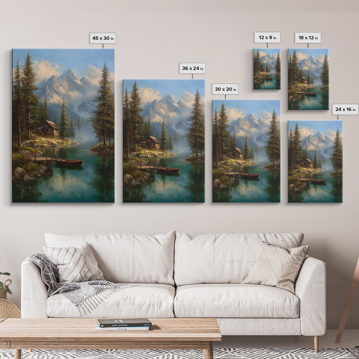 Tranquil Mountain Lake Cabin Scene Oil Painting Landscape Wall Art Canvas Print Rustic Home Decor Nature Lover Gift