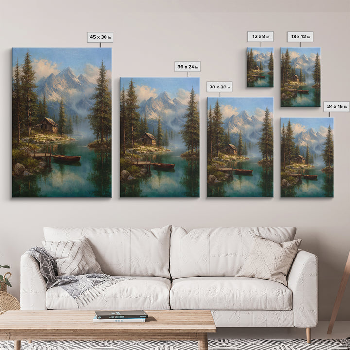Tranquil Mountain Lake Cabin Scene Oil Painting Landscape Wall Art Canvas Print Rustic Home Decor Nature Lover Gift