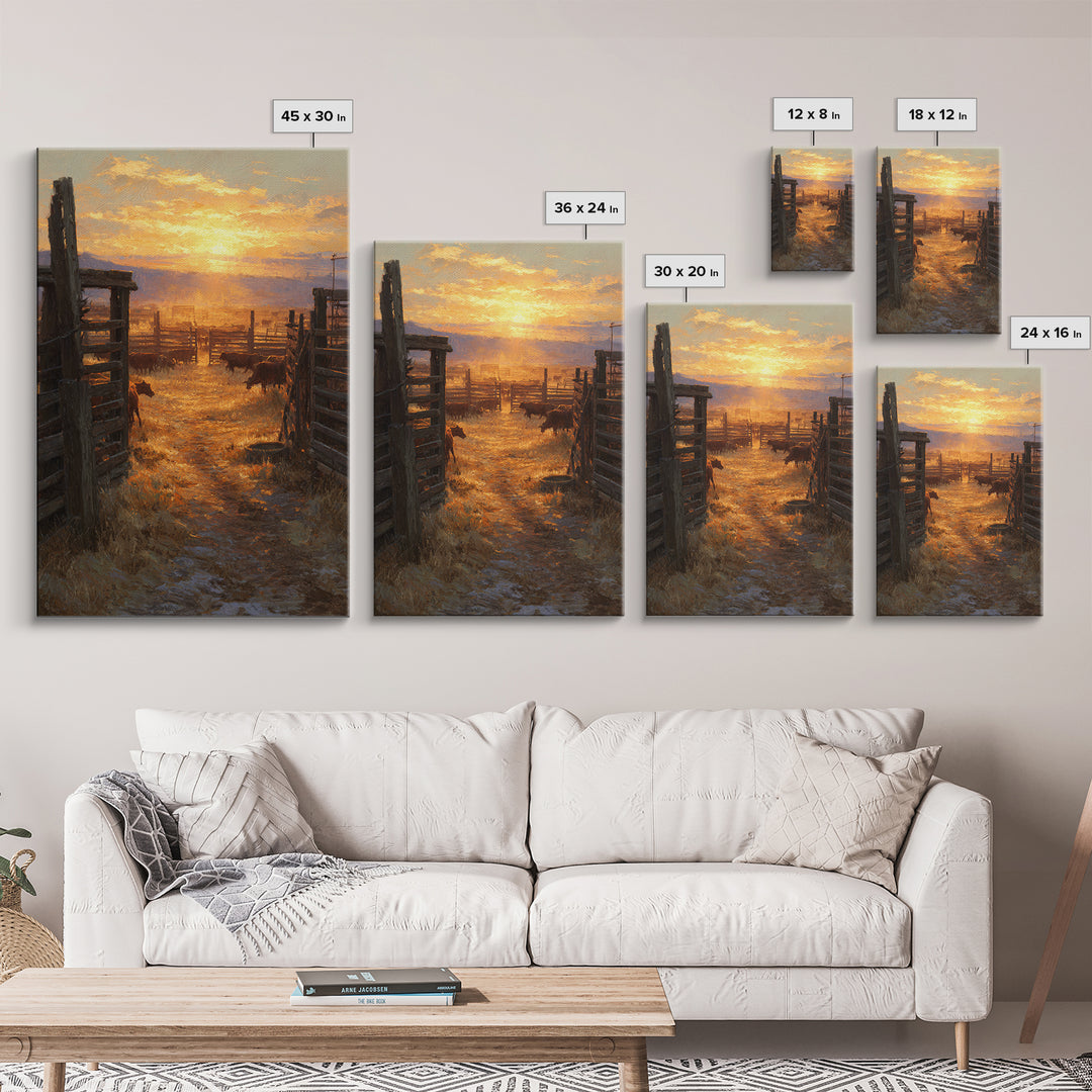 Sunset Over Rustic Cattle Farm Landscape Wall Art Framed Canvas Print For Western Home Decor And Cozy Living Room