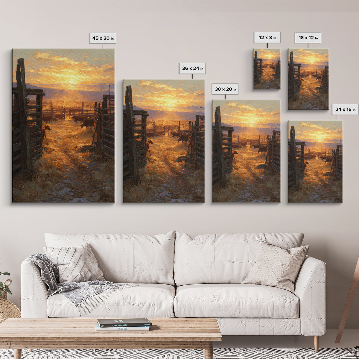 Sunset Over Rustic Cattle Farm Landscape Wall Art Framed Canvas Print For Western Home Decor And Cozy Living Room