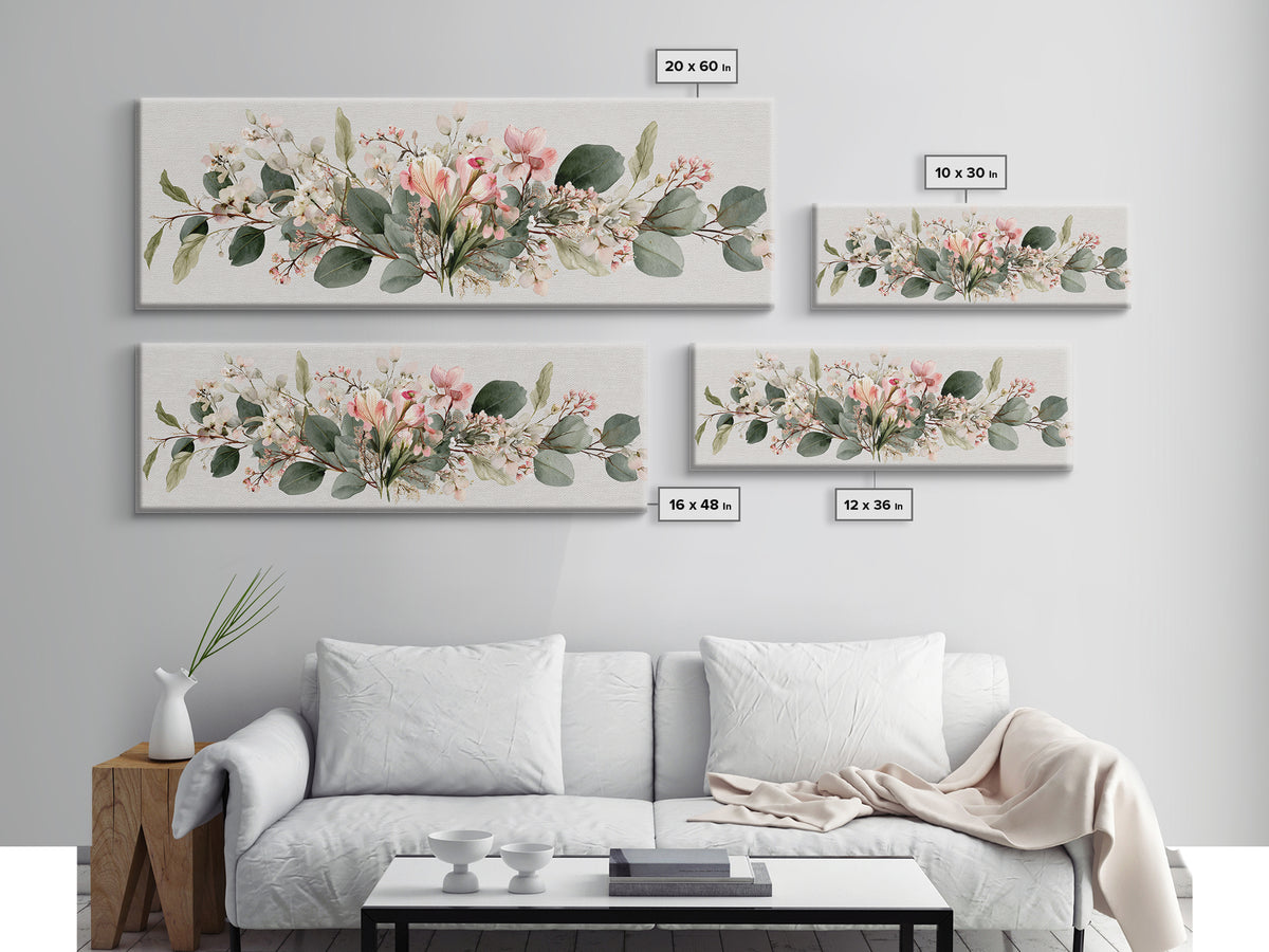 Soft Eucalyptus And Blush Magnolia Garland Wall Art, Panoramic Botanical Print, Neutral Floral Decor, Above Bed Canvas Print