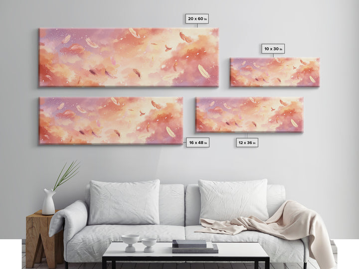 Pink Feather Cloud Sky Wall Art, Dreamy Celestial Canvas Print, Pastel Nursery Decor, Whimsical Bedroom Wall Decor, And Above Bed Art