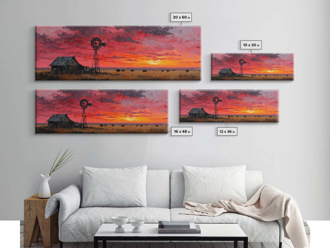 Rustic Windmill Homestead Sunset Wall Art, Western Landscape Canvas Print For Farmhouse Decor, Country Living Room Art Gift