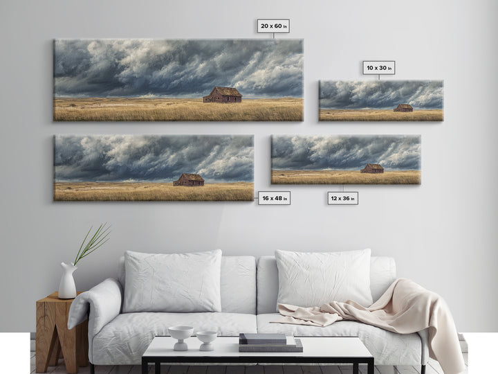 Abandoned Farmhouse Under Storm Clouds Wall Art, Moody Prairie Landscape Canvas, Rustic Country Decor For Living Room, Large Print