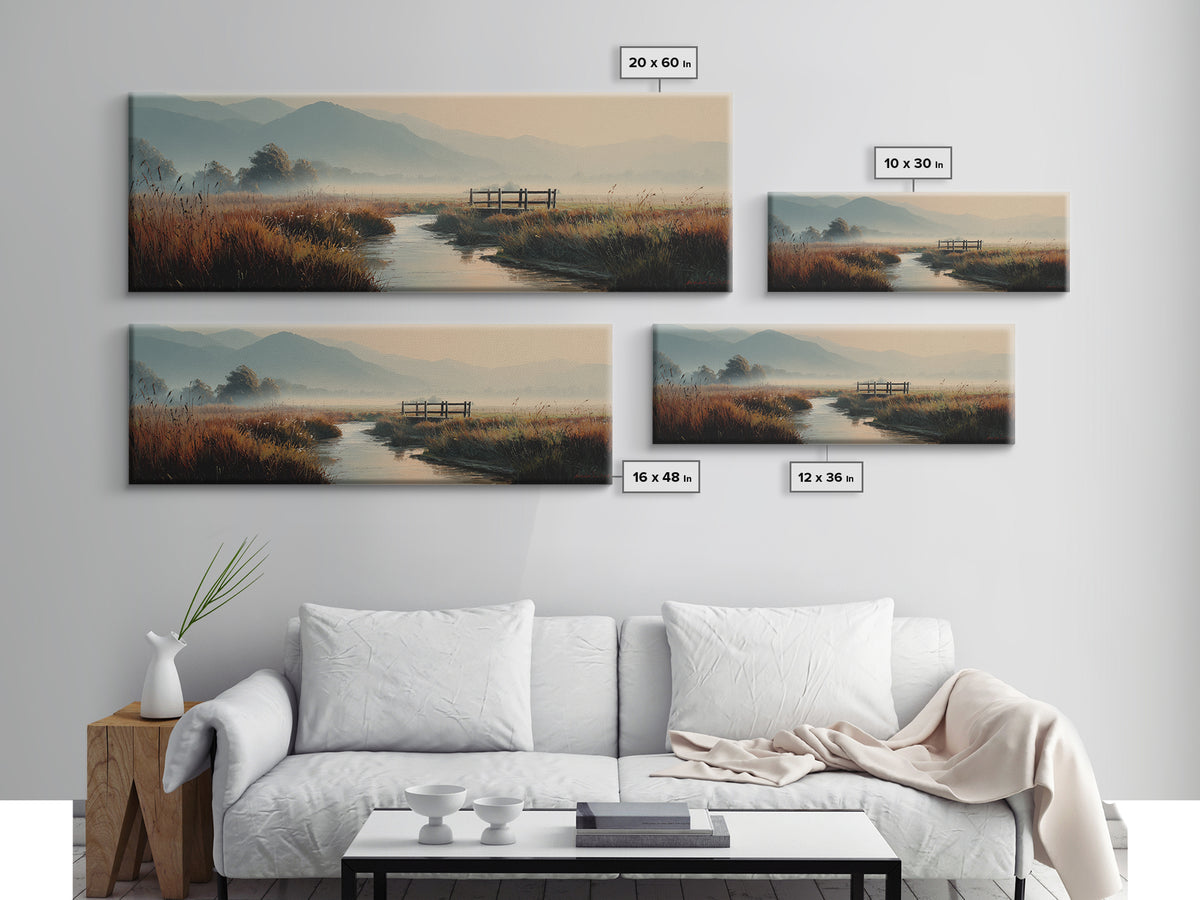 Misty Marsh Creek Canvas Print, Serene Mountain Landscape Wall Art, Neutral Nature Painting, Rustic Living Room Decor Print