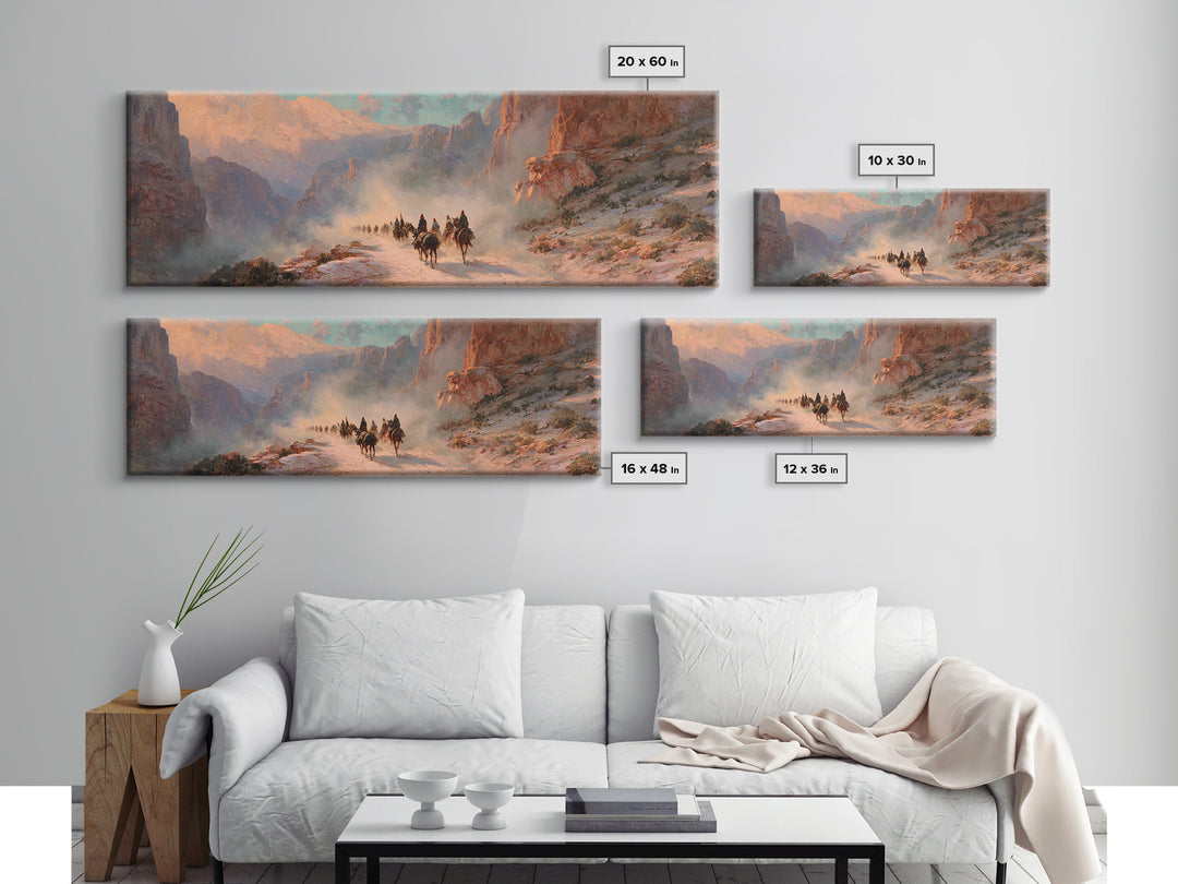 Western Riders In Sunlit Canyon Wall Art, Cowboy Landscape Painting, Southwestern Decor, Rustic Canvas Print For Living Room
