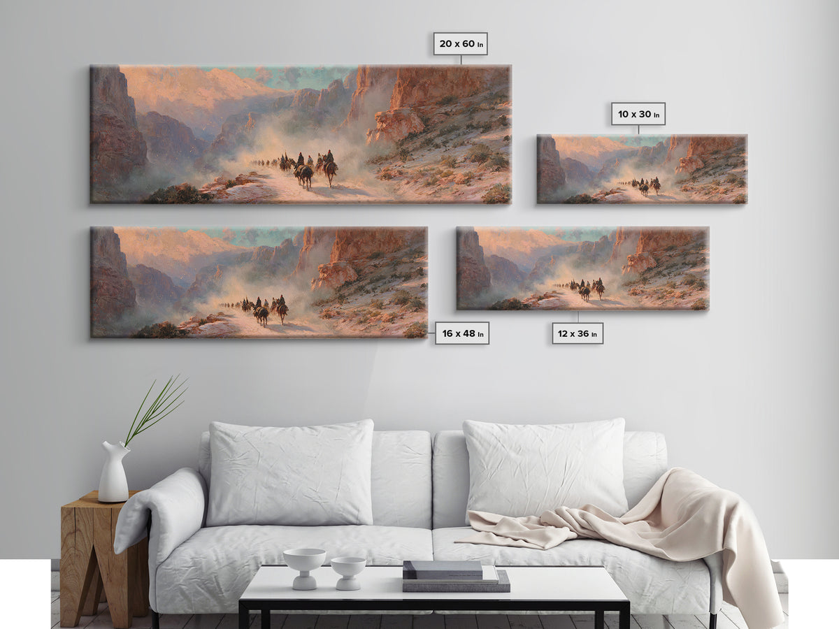 Western Riders In Sunlit Canyon Wall Art, Cowboy Landscape Painting, Southwestern Decor, Rustic Canvas Print For Living Room