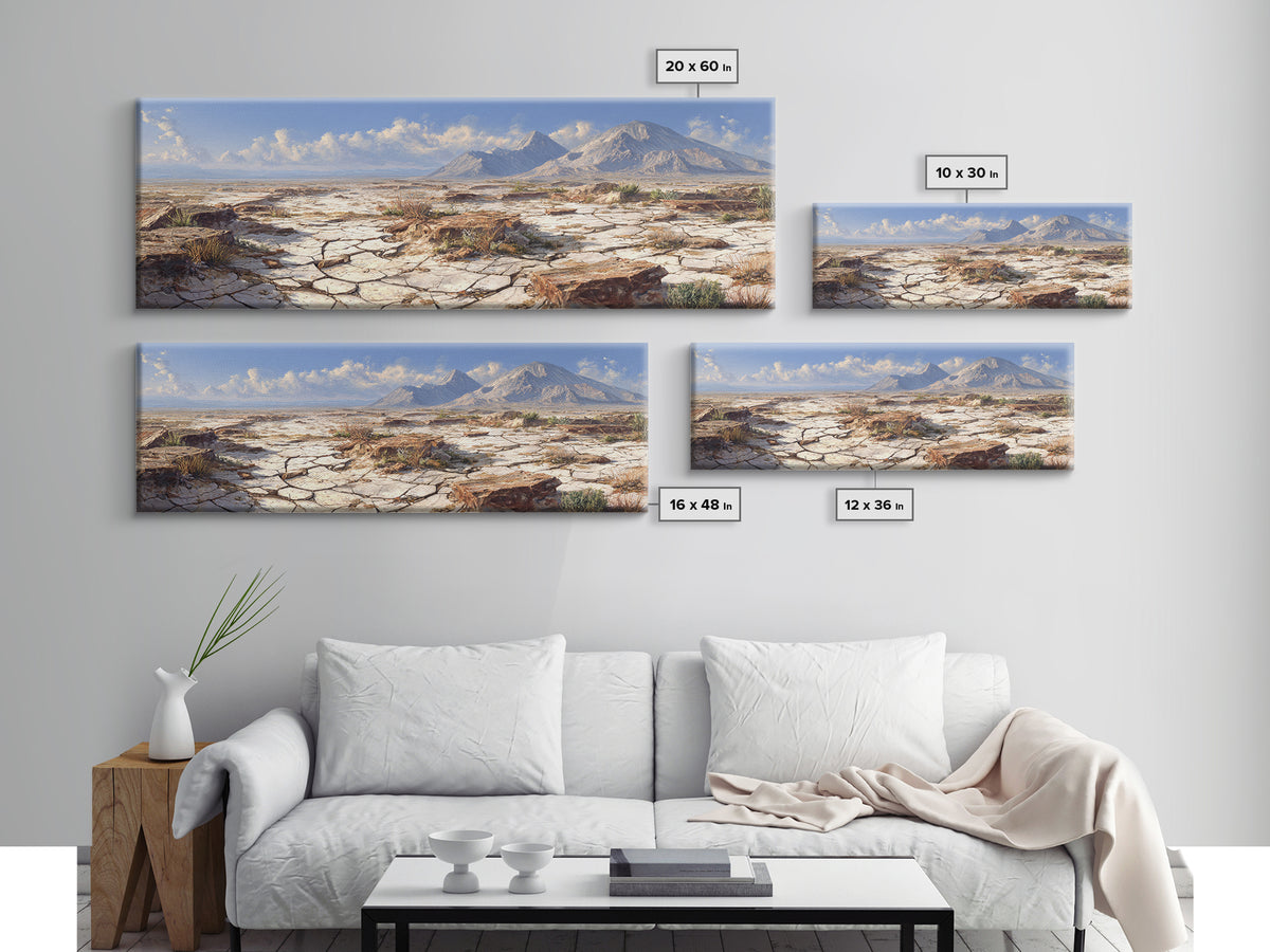 Cracked Desert Plain With Distant Mountains Wall Art, Southwestern Landscape Print, Earth Tone Home Decor, Large Canvas Print