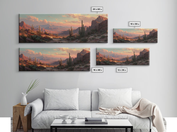 Desert Canyon Sunset With Saguaro Cactus Wall Art, Southwestern Landscape Framed Canvas Print, Rustic Home Decor For Living Room