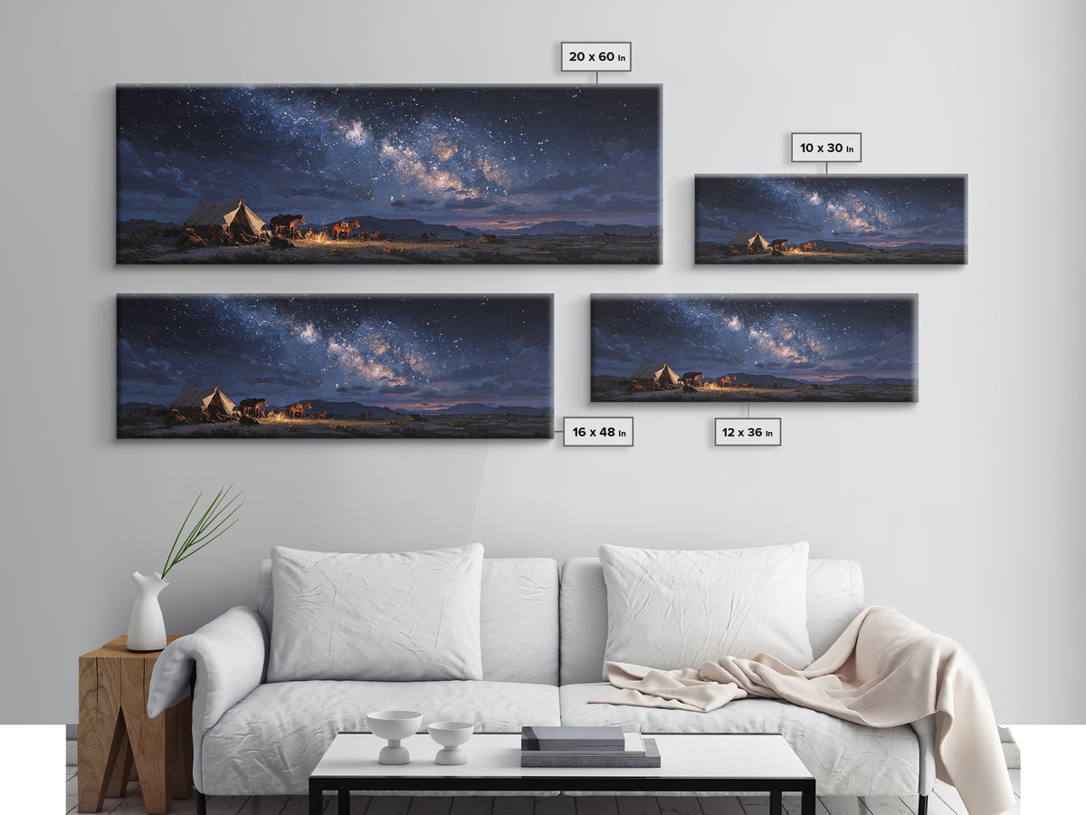 Starry Night Desert Camp With Horses Wall Art, Milky Way Western Landscape Canvas Print, Rustic Cowboy Decor For Living Room