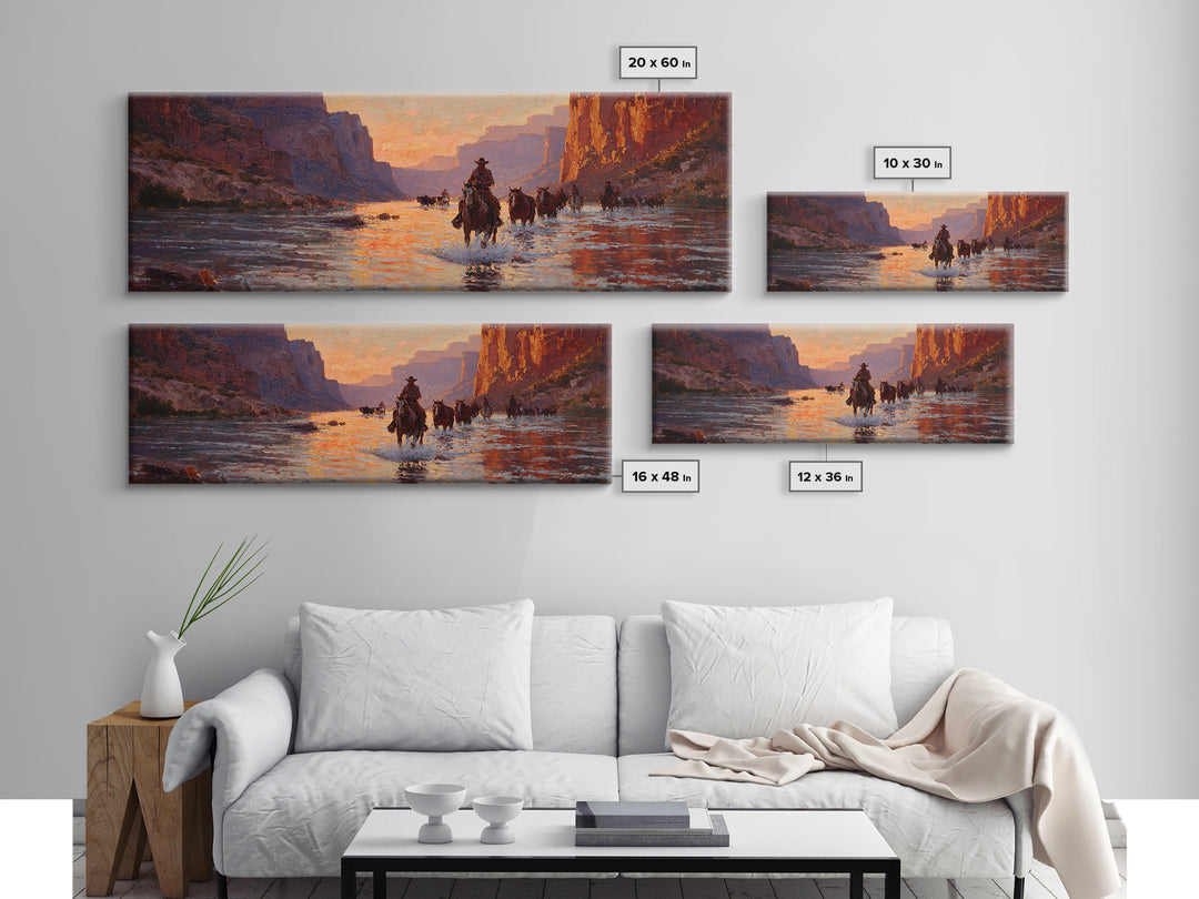 Cowboys Crossing River Canyon Framed Canvas Print, Large Western Wall Art, Sunset Landscape, Rustic Ranch Decor, Gift For Him