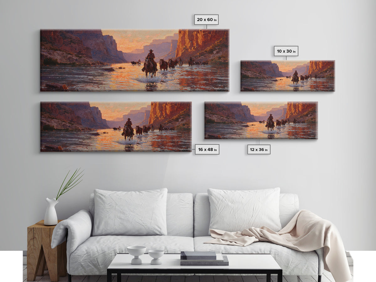 Cowboys Crossing River Canyon Framed Canvas Print, Large Western Wall Art, Sunset Landscape, Rustic Ranch Decor, Gift For Him